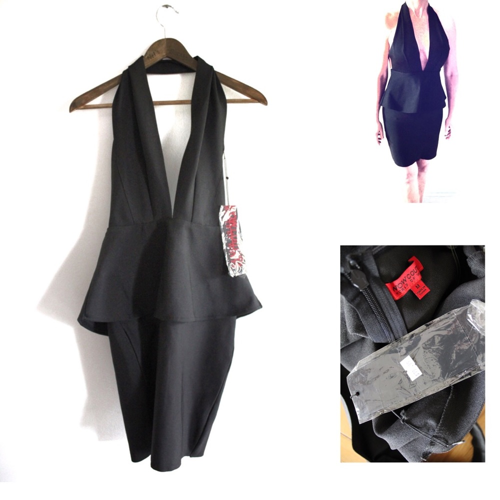 Wow Couture NWT Black Halter Deep Plunge Ruffled Skirt Peplum Span Dress Medium